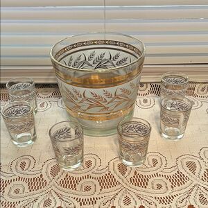 Jeanette Golden Harvest Ice Bucket and shot glass set Bucket H 5 x Di 6 in
